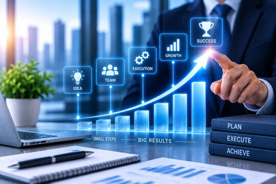 Business growth success financial chart strategy planning executive teamwork innovation office technology business executive office pointing rising financial chart with digital icons for strategy