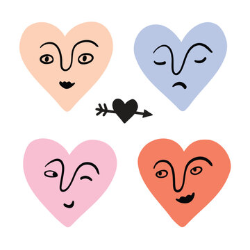 Colorful Heart-Shaped Faces with Different Expressions and Cupid Arrow, Hand Drawn Love Illustration