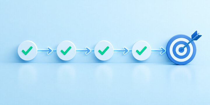 Checklist check mark target goal arrow progress success. Minimal blue business concept showing sequential check mark icon linked by arrow toward target, strategy planning, achievement, efficiency