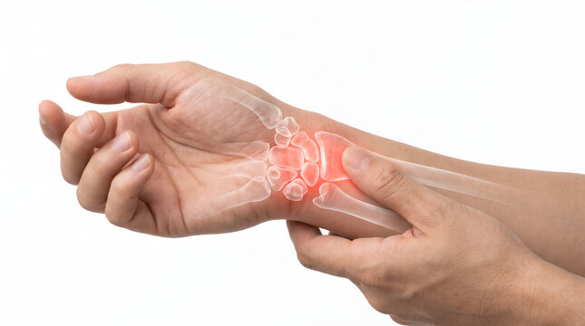 A detailed medical illustration showcasing a human hand with a transparent overlay of wrist bones, emphasizing an area of inflammation or pain highlighted in red. This visual represents common cond...
