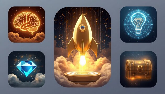 app icons, icons, set, rocket, launch, startup, success, gold, golden, brain, mind, intelligence, thinking, lightbulb, idea, innovation, crystal, diamond, gemstone, treasure, chest, glowing, neon, tec