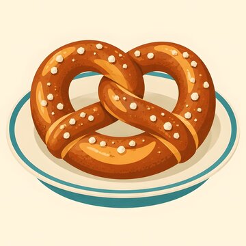 Fresh salted soft pretzel on a plate illustration