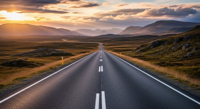 A long, black asphalt road stretches into the distance, flanked by white lane markings. The road cuts through a vast, open landscape of rolling hills and mountains under a vibrant, golden sunset.
