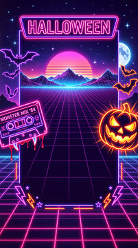Neon eighties synthwave halloween background flyer template with copy space phone screen