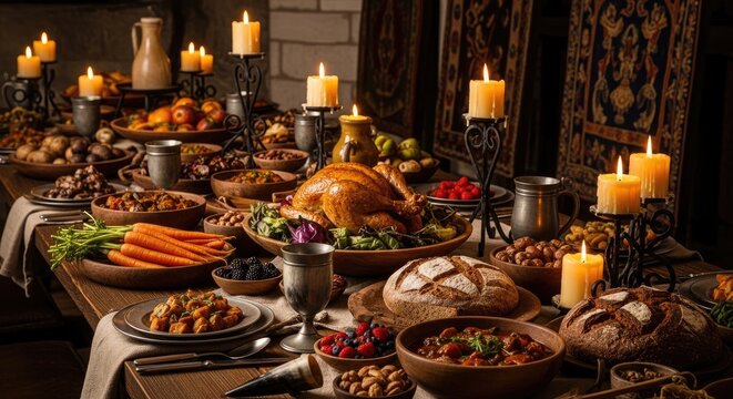 A lavish medieval feast is set upon a long wooden table. Numerous candles illuminate a bountiful spread of food, including a roasted turkey, bread, vegetables, and various dishes in rustic pottery.