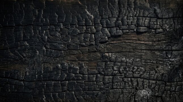 A close-up shot of charred wood, revealing intricate patterns and textures of blackened fibers.