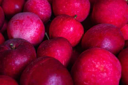 Ripe red organic apples harvested in autumn stack together tightly as textured fruit abundance background
