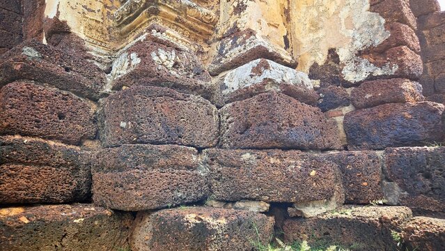 Old Laterite Stone Block Structure Background for Archaeological , Ancient , Heritage, and Historical Buildings.