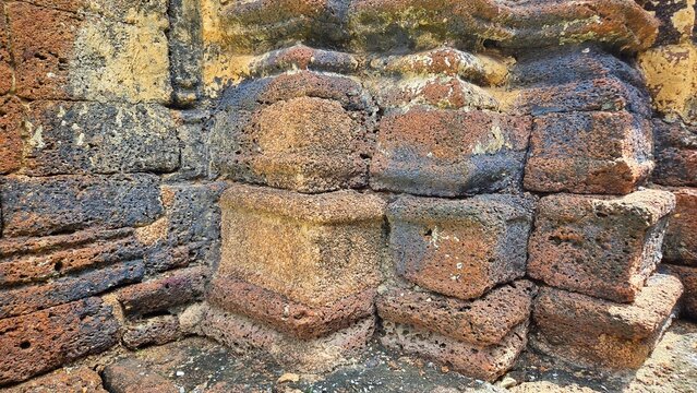 Old Laterite Stone Block Structure Background for Archaeological , Ancient , Heritage, and Historical Buildings.