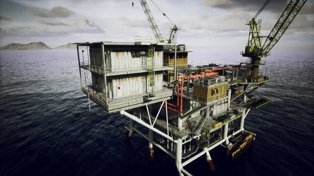 Rusty oil platform in sea. Decommissioned rig under cloudy skies and salvage activities. Old oil installation with rusted parts under cloudy open sky