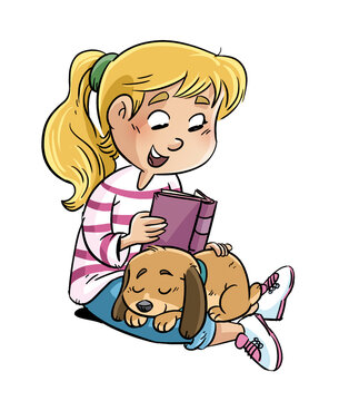Ni&ntilde;a peque&ntilde;a sentada con su perro leyendo un libro, ilustracion infantil