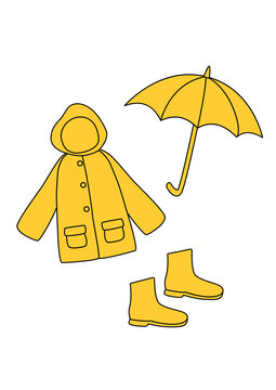 Yellow raincoat umbrella and rubber boots vector set isolated on white background.