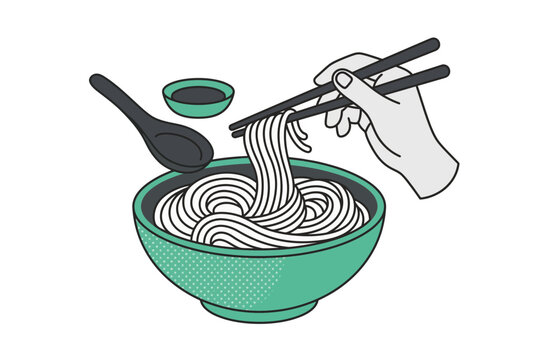 Minimalist vector illustration of a person's hand using black chopsticks to pick up white rice noodles from a green bowl, featuring a ceramic spoon and soy sauce on a clean white background.