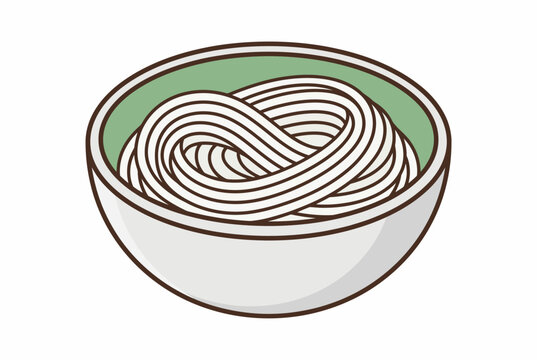 Minimalist vector illustration of a ceramic bowl filled with white rice noodles, representing traditional Asian cuisine such as ramen, pho, or udon, isolated on a clean white background.
