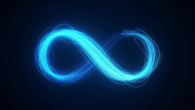 Glowing blue infinity symbol created with light trails on a dark background.