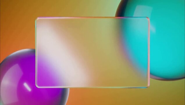 Abstract background with frosted glass rectangle and colorful glossy spheres.