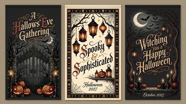 Vintage Halloween poster collection with elegant calligraphy, spooky jack-o'-lanterns, gothic gates, glowing lanterns, bats, and crescent moons, perfect for a sophisticated Hallows' Eve gathering.