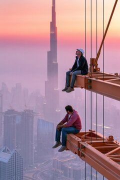 Two men sitting on crane arm overlooking megacity at sunset with skyscrapers and hazy skyline