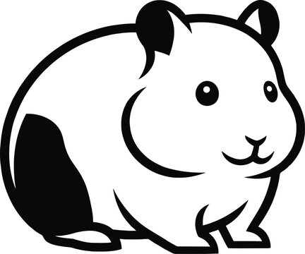 Black and white vector graphic illustration depicting a cute hamster sitting calmly with bold outlines showcasing simplified modern artistic styling suitable for various creative design projects