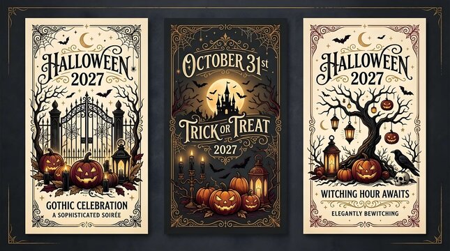 Elegant Vintage Halloween Invitation Card Set Featuring Gothic Illustrations of Spooky Gates, Pumpkins, and Haunted Castles for an October 31st Sophisticated Celebration and Party Template.