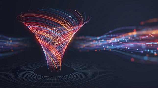 Swirling vortex of glowing lines and particles, representing data flow, technology, and abstract energy concepts