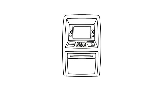 Isolated line art drawing of an ATM machine, cash dispenser, bank terminal with keypad and screen, transparent background.