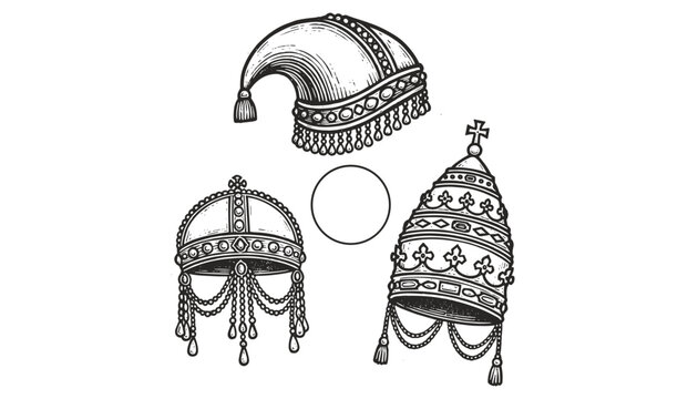 Antique engraved illustrations of various ceremonial and religious hats