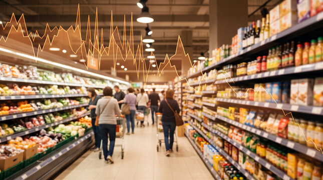 Blurred supermarket aisle with products on shelves, overlaid with an orange financial graph, symbolizing market fluctuation and consumerism