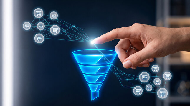 Digital representation of a sales funnel with shopping cart icons, symbolizing customer journey and conversion process, ideal for business and marketing concepts