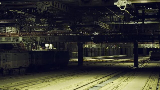 Deserted platform space under gantry, shadowed columns and textured floor, industrial decay and silent tracks creating ominous atmospheric isolation