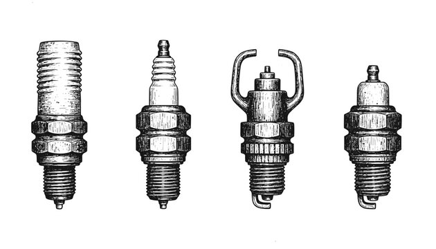 Detailed line drawing of four different types of spark plugs