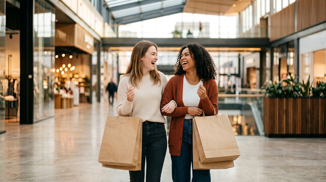 Two happy young women with shopping bags walking in a modern mall, symbolizing leisure and retail therapy, perfect for lifestyle or consumerism concepts