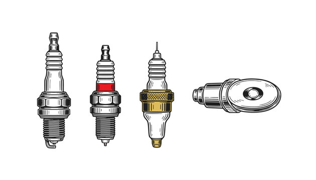 Color and black and white illustrations of various spark plugs