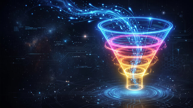 Glowing neon funnel with flowing light streams against a dark cosmic background with circuit board elements, symbolizing data processing and digital transformation