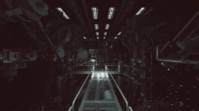 Futuristic station corridor with overhead lights leading into deep engine bay, metal catwalk framed by machinery and conduit, silent atmosphere, sterile