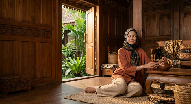 Muslim Woman Pouring Tea in Traditional Javanese Wooden House