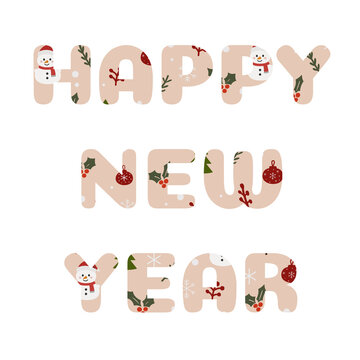 Beige Christmas lettering Happy New Year patterned with cute snowmen and ornaments isolated on transparent or white background for festive card