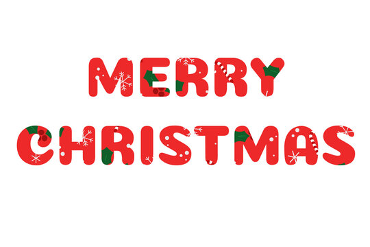 Red lettering Merry Christmas decorated with candy canes and holly berries isolated on transparent or white background for greeting card
