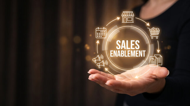 Hand holding glowing icons symbolizing sales process, representing business growth and strategy, perfect for marketing or corporate themes