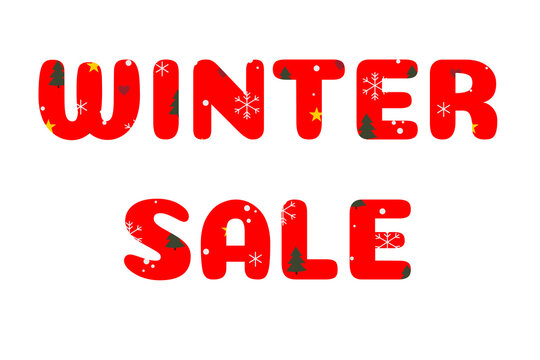 Red lettering Winter Sale decorated with green pine trees stars and snowflakes isolated on transparent or white background for promotion banner