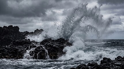Obraz premium Dramatic ocean wave crashing violently against black volcanic rocks under a stormy overcast sky.