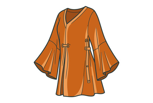Stylish bohemian terracotta kaftan illustration featuring elegant v-neck and wide bell sleeves, ethnic orange tunic vector isolated on white background for fashion design and summer apparel.