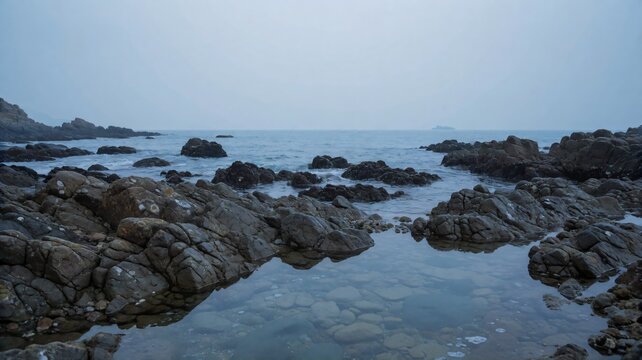 Rocky coastline with tide pools in muted blue gray