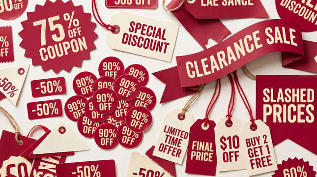 A vibrant collection of red and beige sale tags and coupons, showcasing discounts and clearance offers, symbolizing retail promotions and savings.