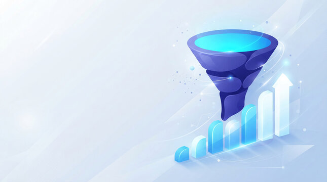 3D illustration of a funnel and rising bar graph, symbolizing data analysis, process flow, and business growth, with ample free space for text.
