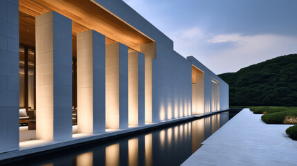 Obraz premium Modern pavilion building with tall columns, serene water feature, minimalist architecture, evening lighting, tranquil mood