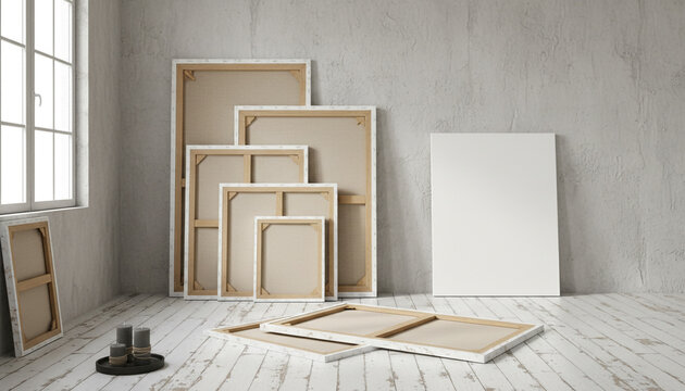 Blank canvas art boards stacked in a bright studio room with concrete wall and wooden floor.