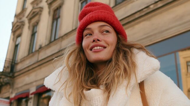 Chic Urban Style - Woman in Red Hat, Coat, and Boots with City Backdrop