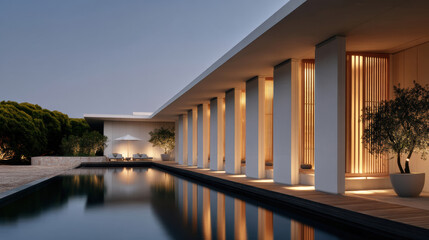 Obraz premium Modern pavilion building with illuminated columns, serene pool, minimalist architecture, evening ambiance, luxury exterior