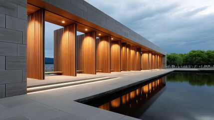 Obraz premium Modern pavilion building with wooden columns, stone exterior, reflecting pool, evening lighting, serene atmosphere